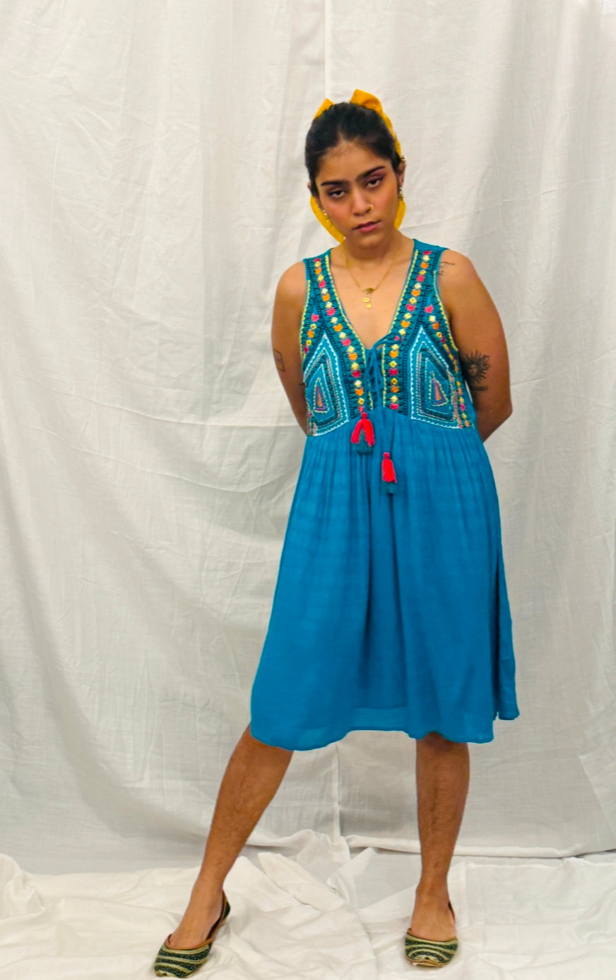 Blue Embroidered Knee Length Dress