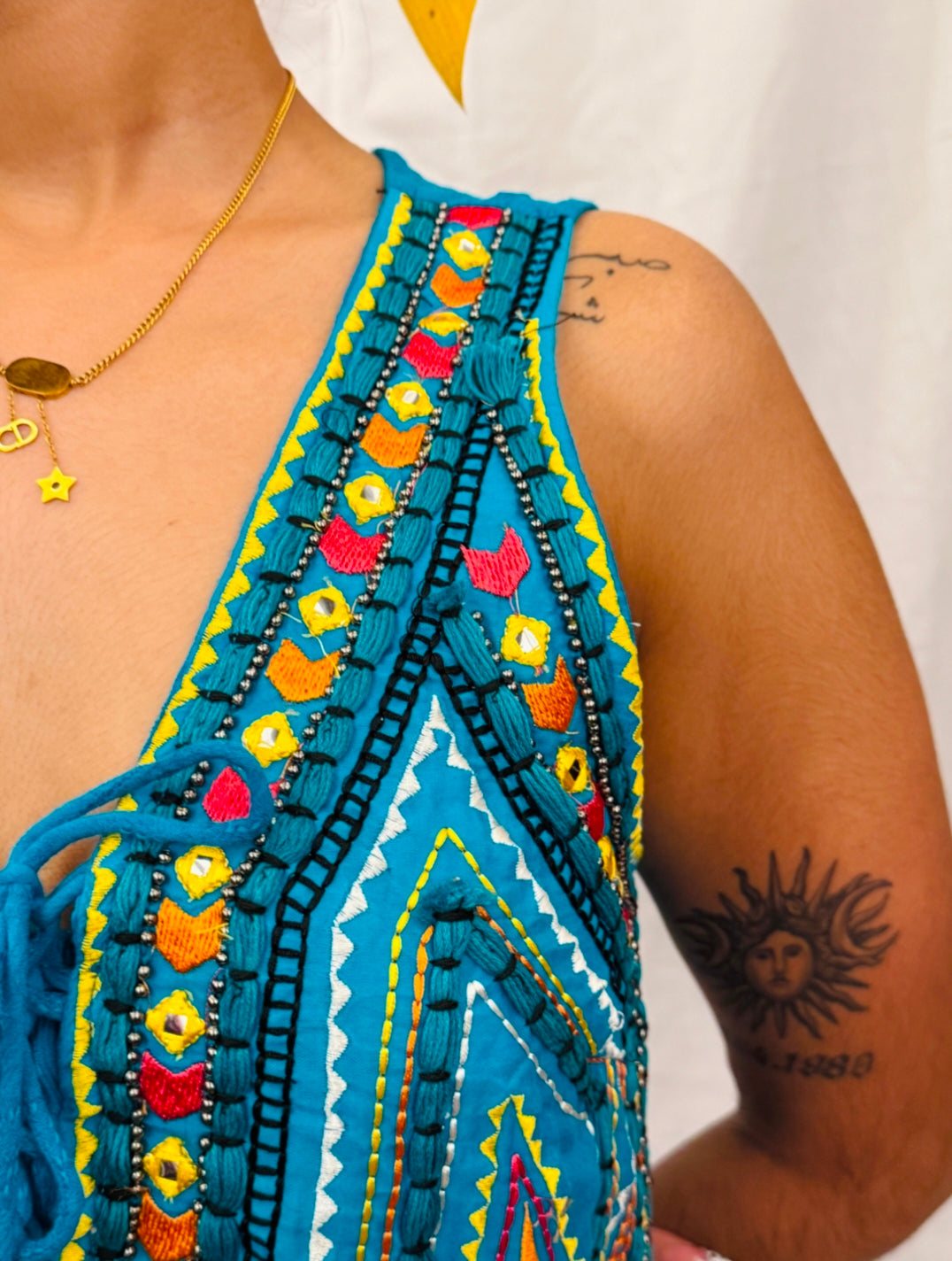 Blue Embroidered Knee Length Dress