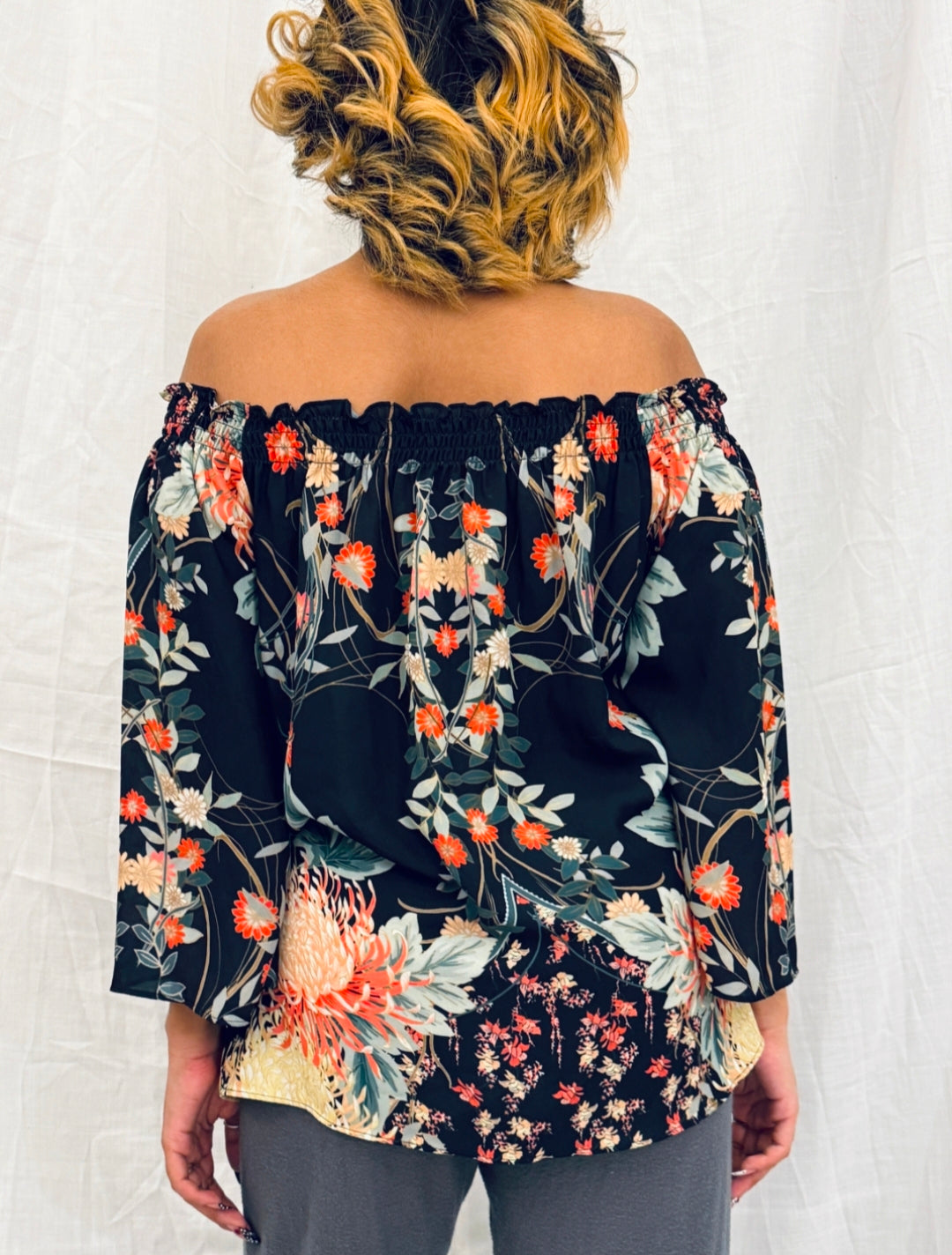 Black Floral Printed Off-Shoulder Top