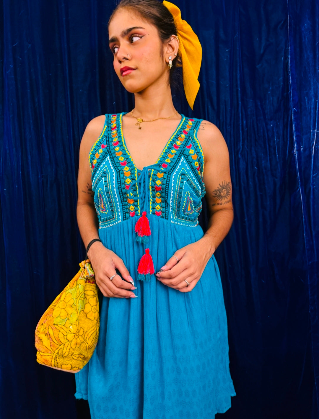 Blue Embroidered Knee Length Dress