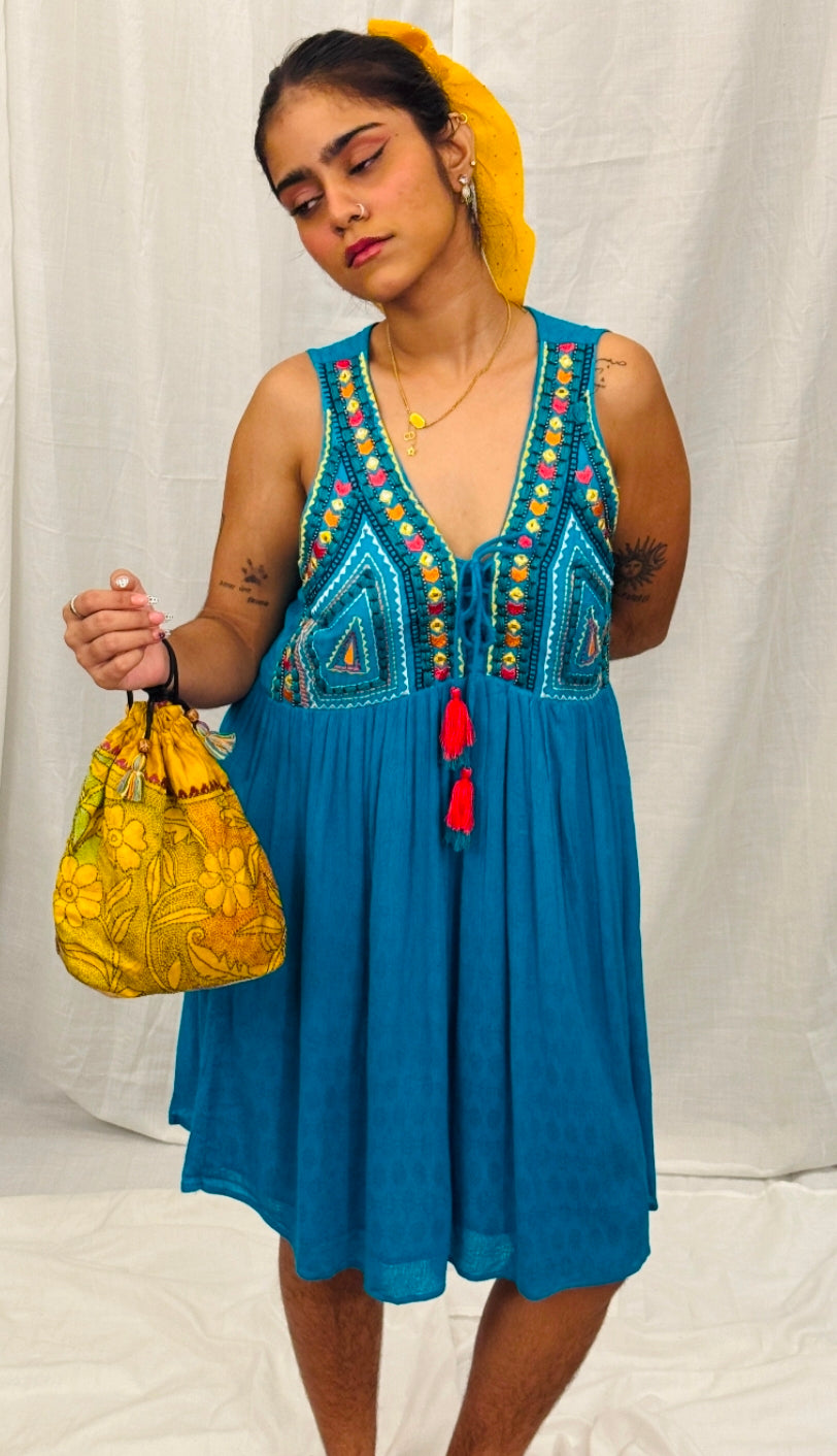 Blue Embroidered Knee Length Dress