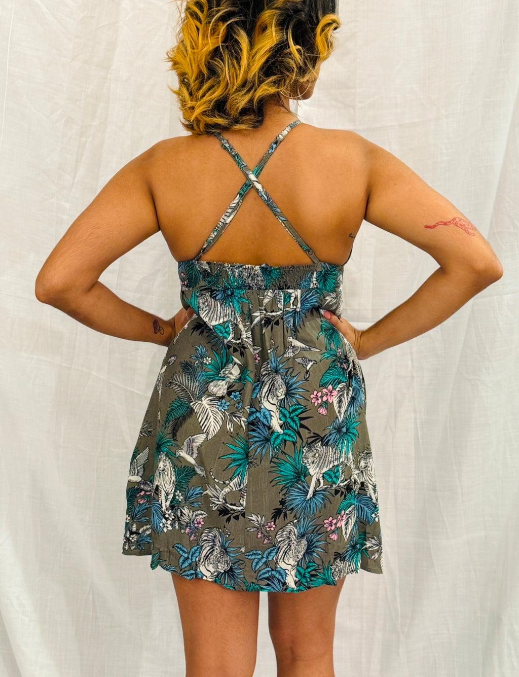 JENIS - Green Floral Printed Strappy Short Dress