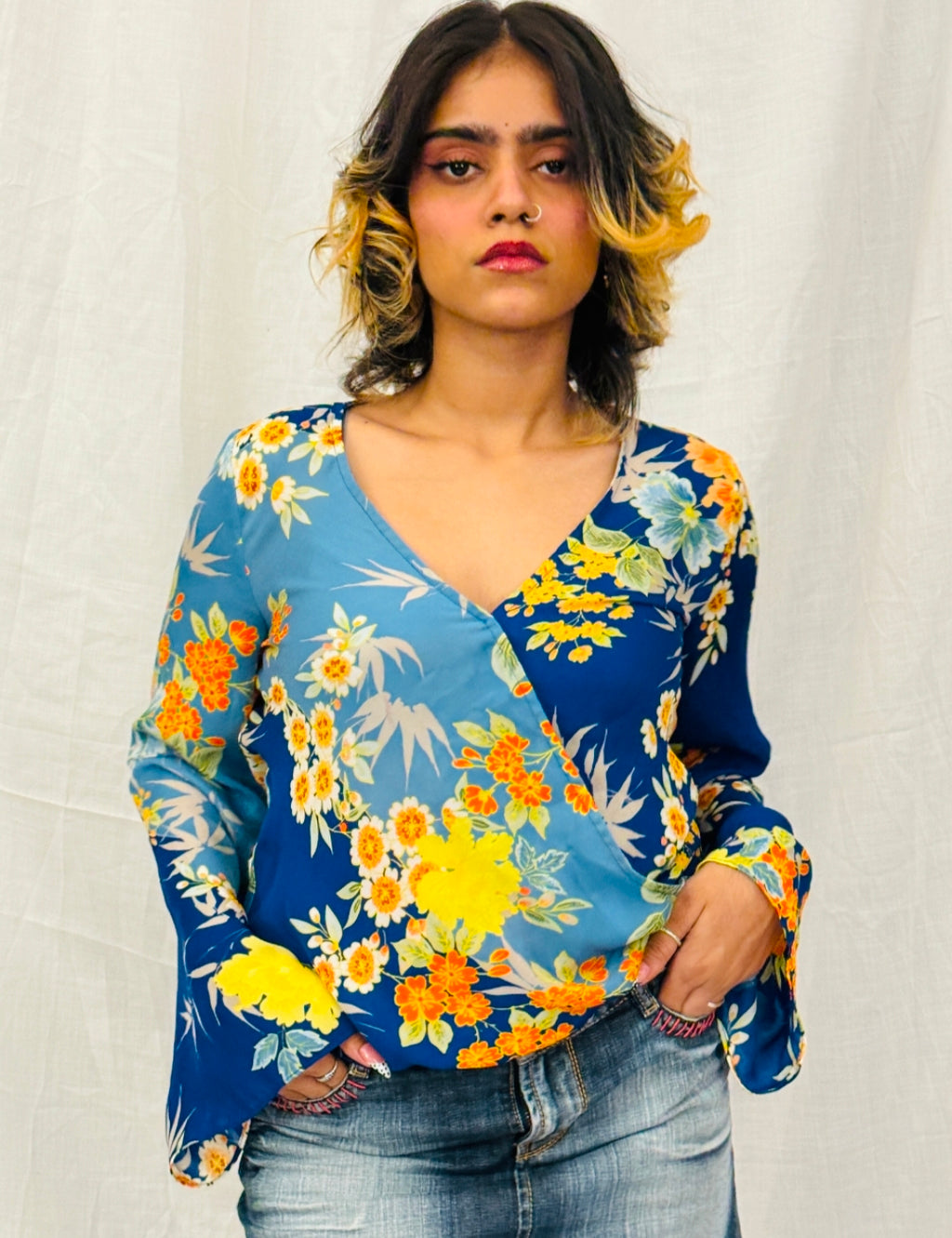 GUESS - Blue Floral Printed Overlap Top