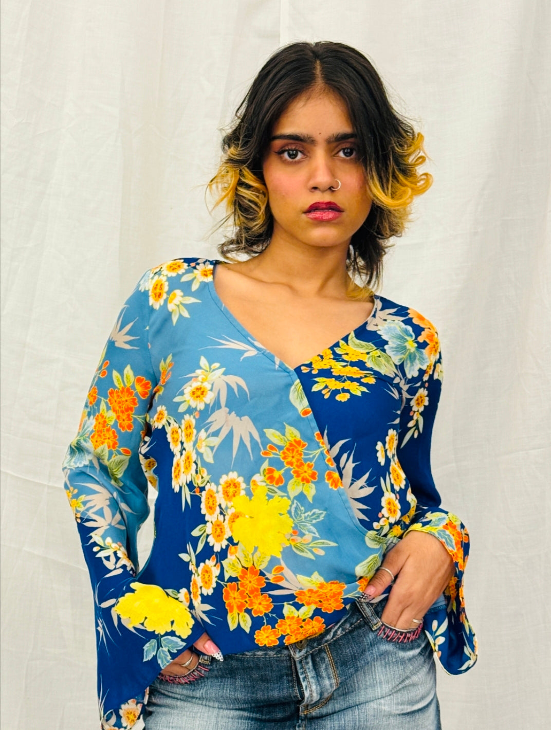 GUESS - Blue Floral Printed Overlap Top