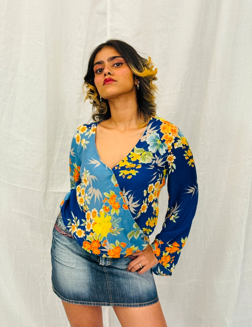 GUESS - Blue Floral Printed Overlap Top