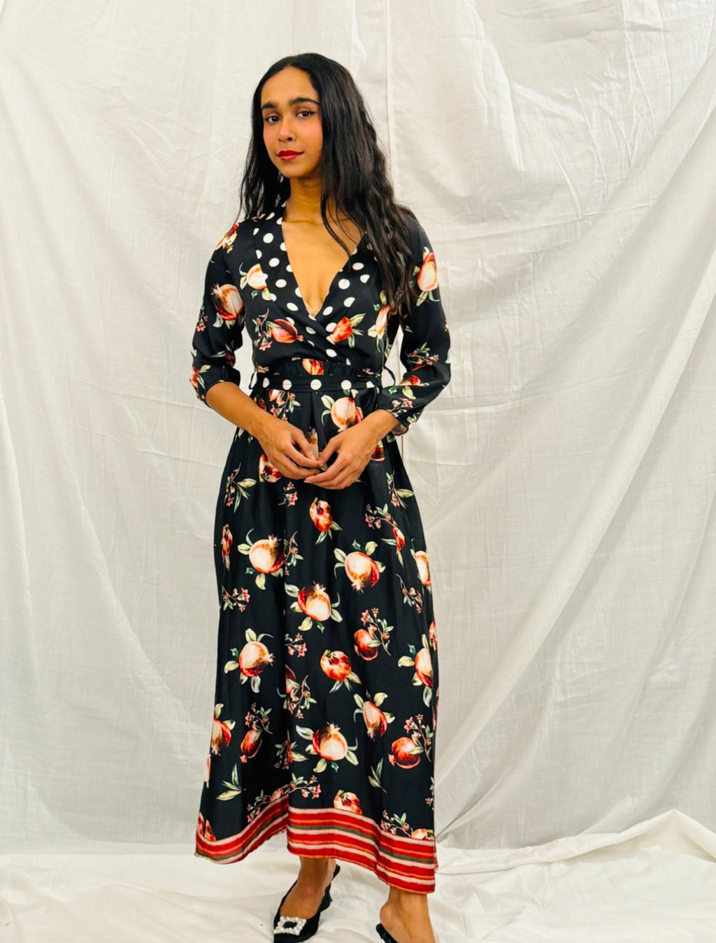Black Printed Long Dress with Pomegranate