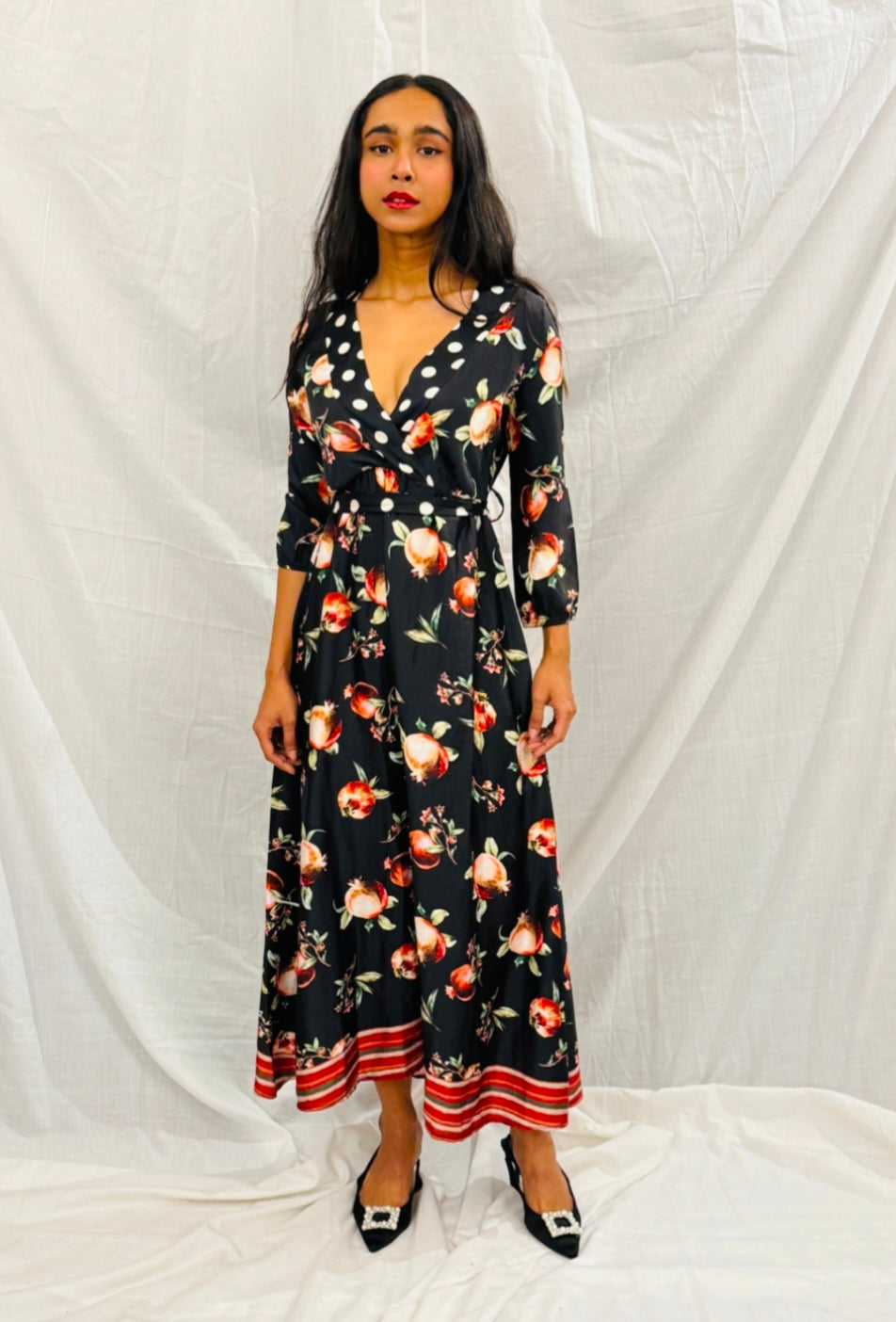 Black Printed Long Dress with Pomegranate