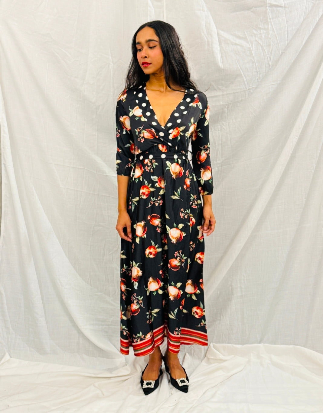 Black Printed Long Dress with Pomegranate