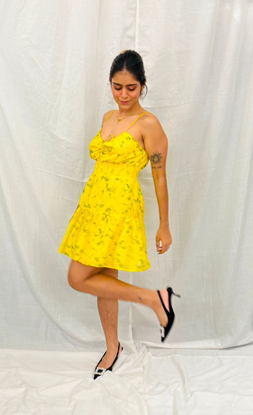 ALICE + OLIVIA -Yellow and Green Floral Print Strappy Dress