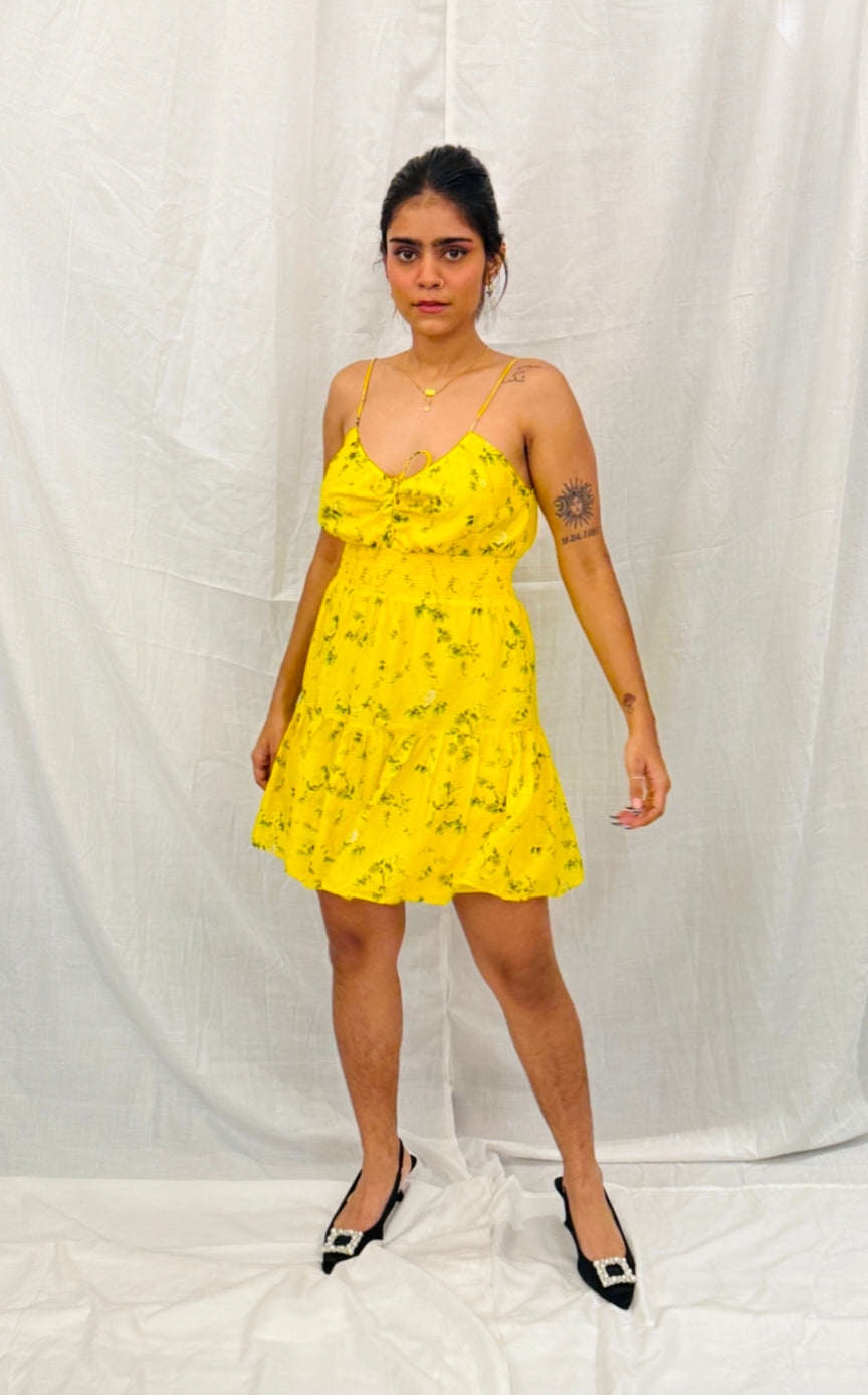 ALICE + OLIVIA -Yellow and Green Floral Print Strappy Dress