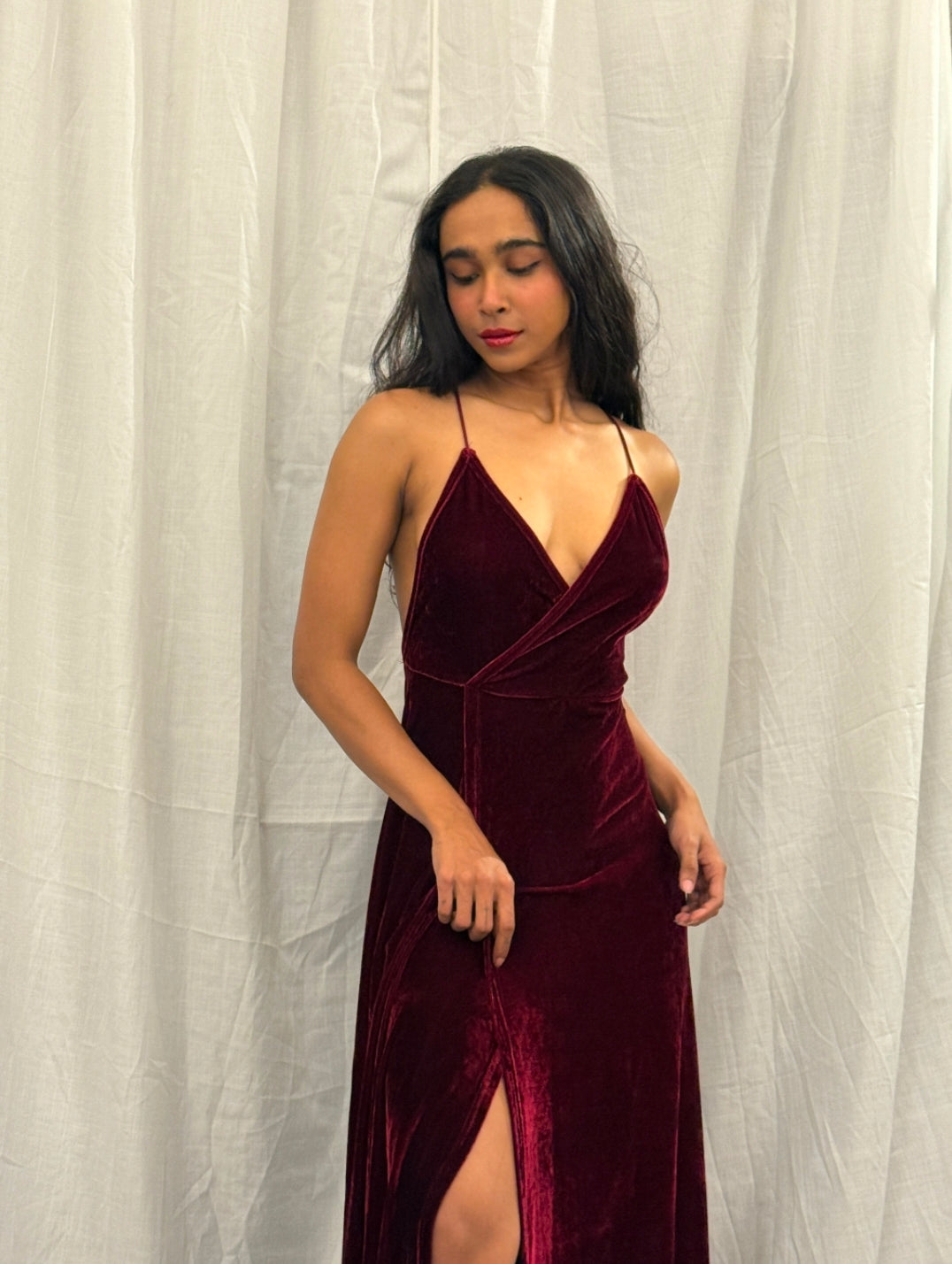 Maroon Long Velvet Maxi Dress