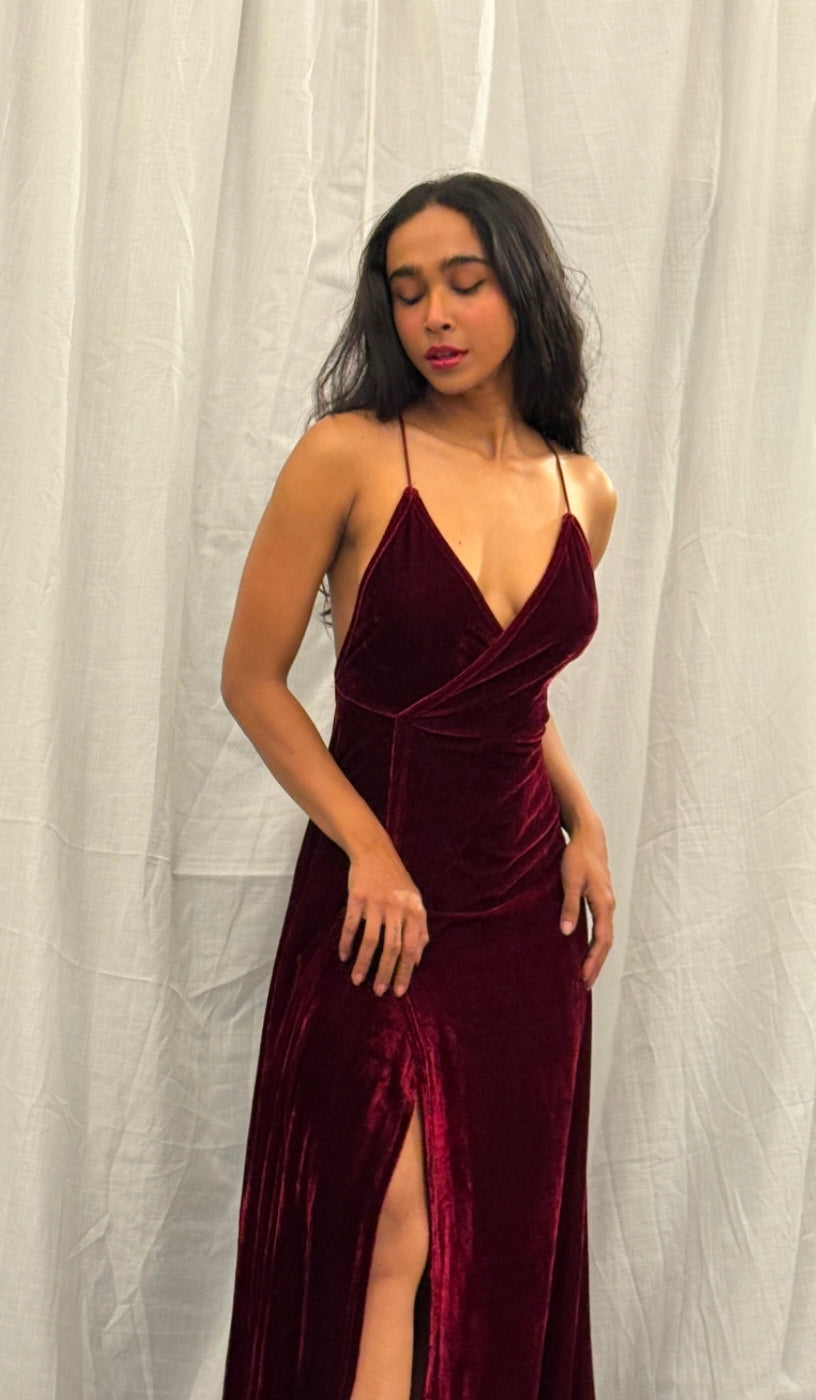 Maroon Long Velvet Maxi Dress