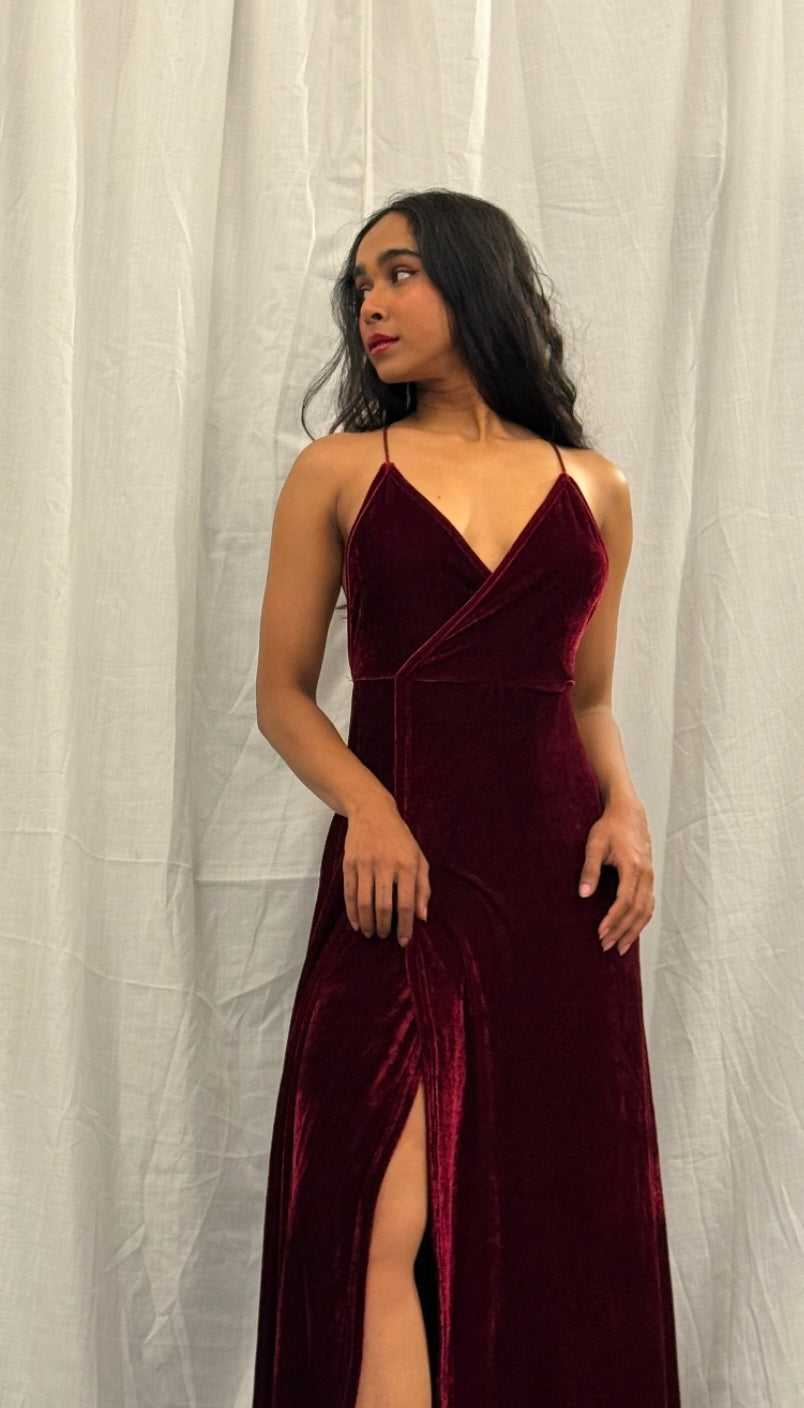 Maroon Long Velvet Maxi Dress