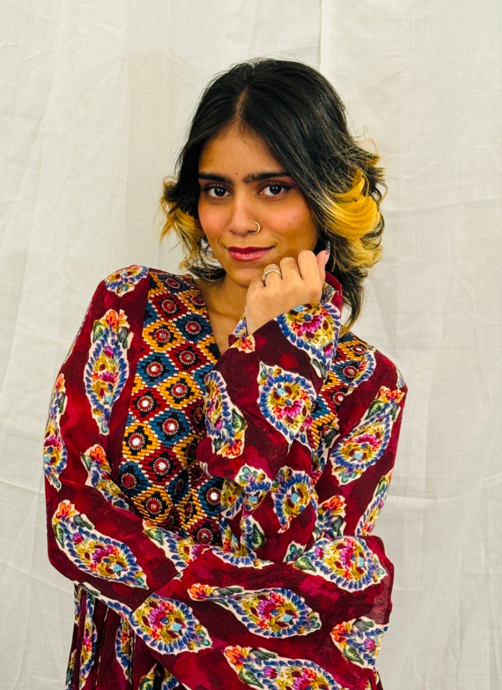 JANIS - Maroon Paisley Printed Dress with Embroidered Yoke