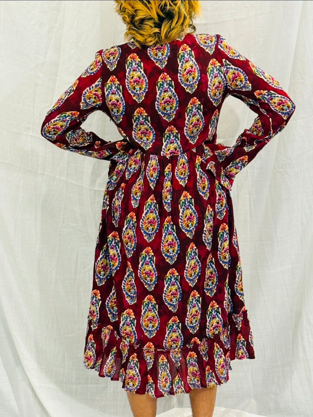 JANIS - Maroon Paisley Printed Dress with Embroidered Yoke