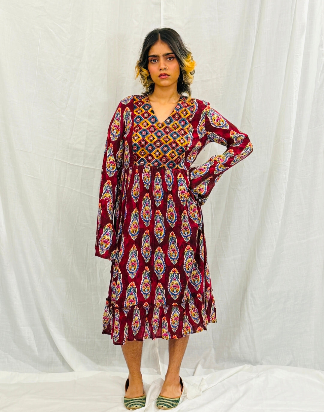 JANIS - Maroon Paisley Printed Dress with Embroidered Yoke