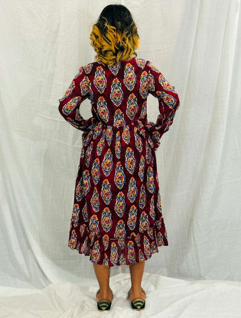 JANIS - Maroon Paisley Printed Dress with Embroidered Yoke