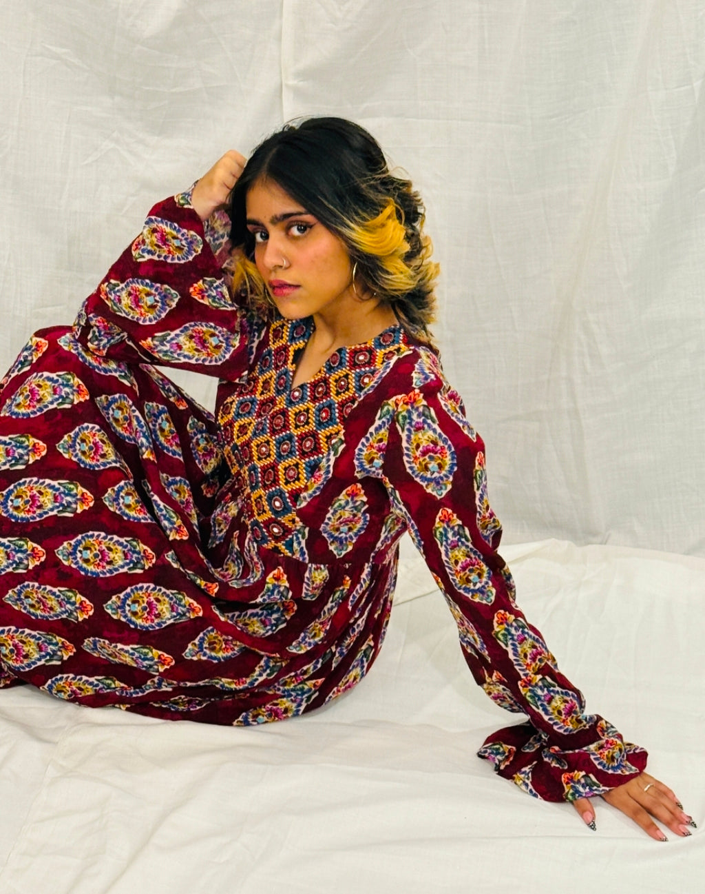 JANIS - Maroon Paisley Printed Dress with Embroidered Yoke