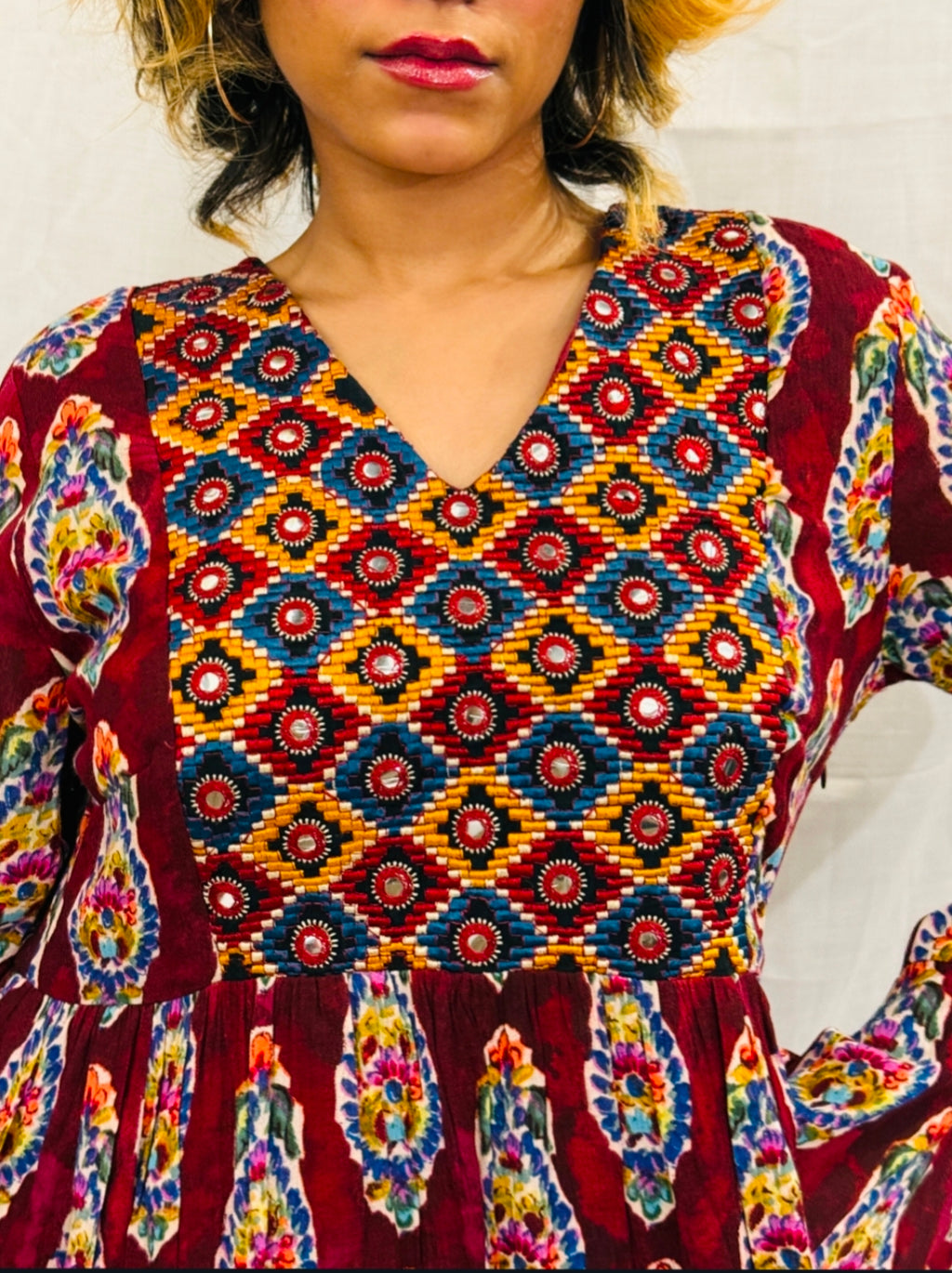 JANIS - Maroon Paisley Printed Dress with Embroidered Yoke