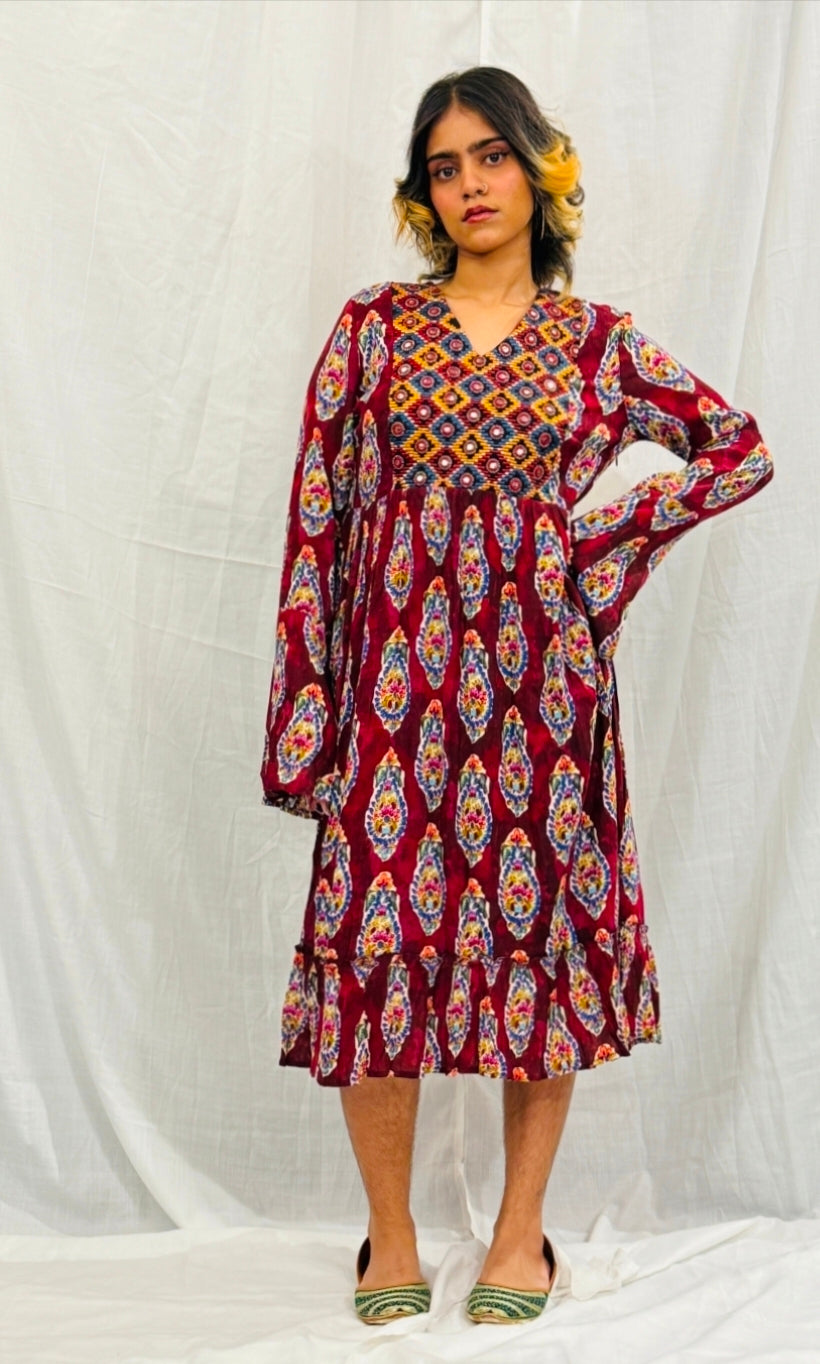 JANIS - Maroon Paisley Printed Dress with Embroidered Yoke