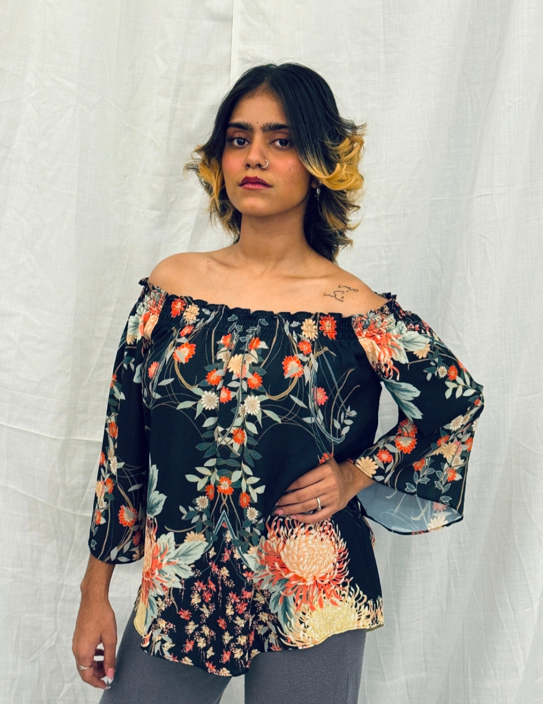 Black Floral Printed Off-Shoulder Top