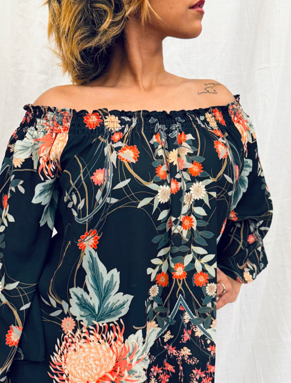 Black Floral Printed Off-Shoulder Top