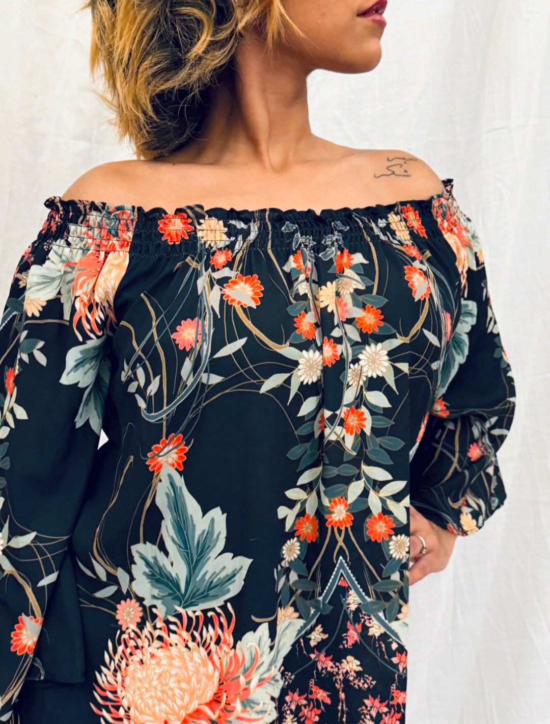 Black Floral Printed Off-Shoulder Top