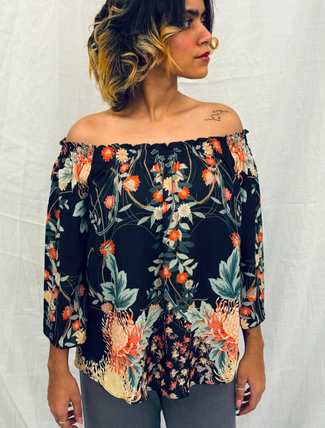 Black Floral Printed Off-Shoulder Top