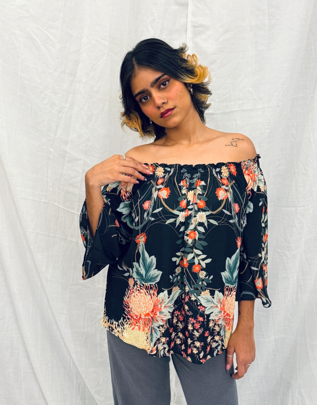 Black Floral Printed Off-Shoulder Top