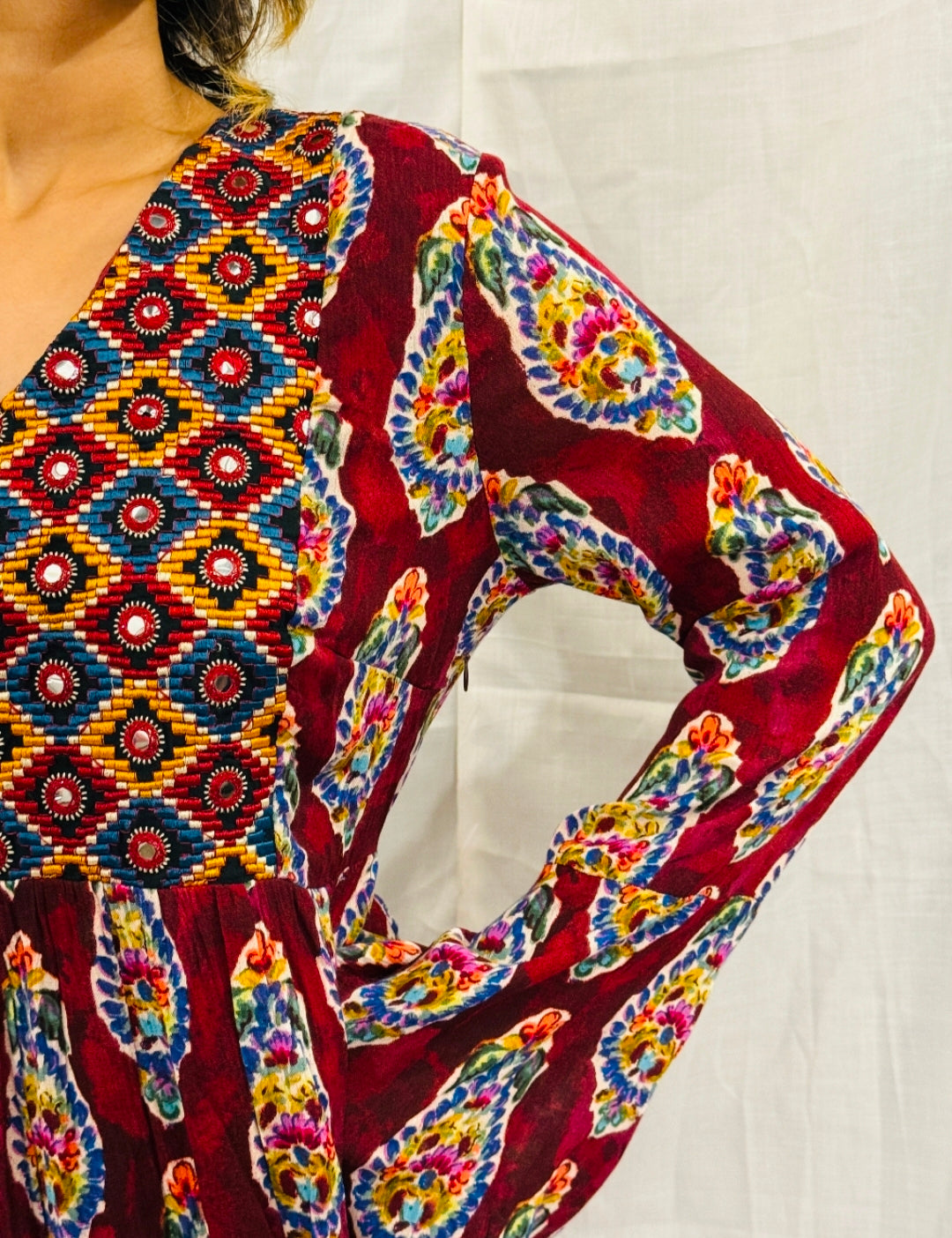 JANIS - Maroon Paisley Printed Dress with Embroidered Yoke