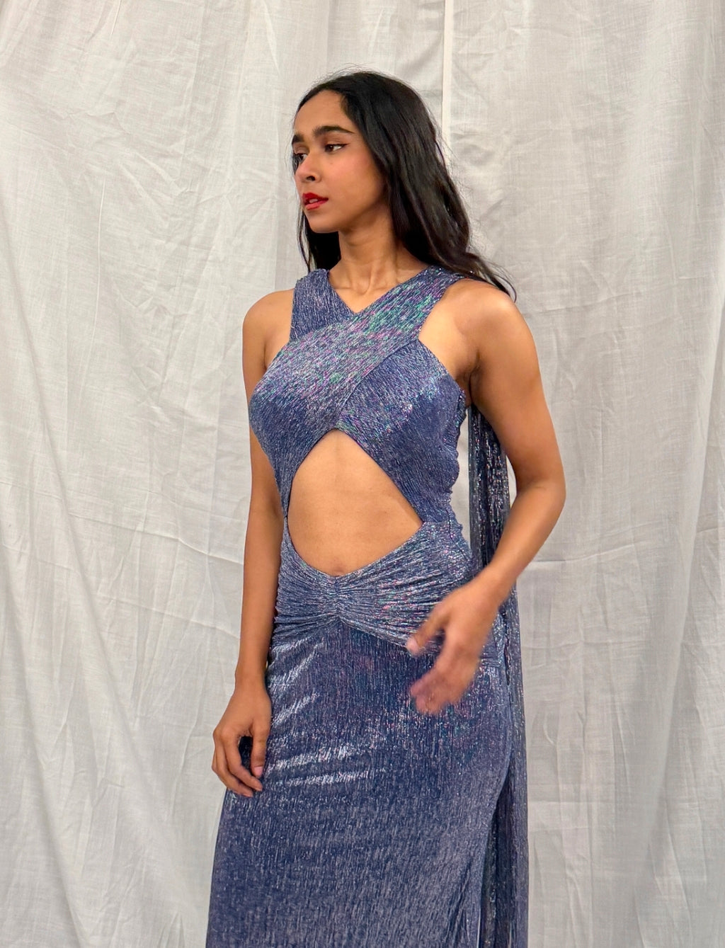 PINUP BY ASTHA - Blue and Silver Silk Drape Front Cut Gown