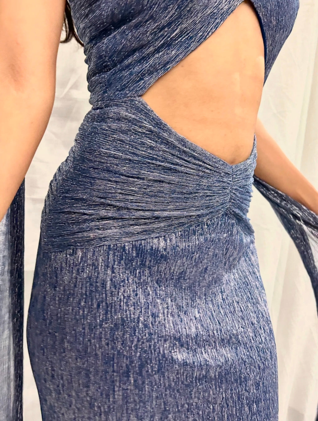 PINUP BY ASTHA - Blue and Silver Silk Drape Front Cut Gown