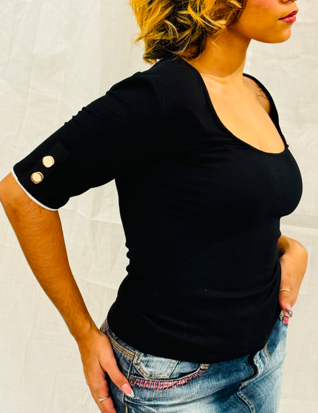 ZARA - Black Knit Elbow Sleeved Top