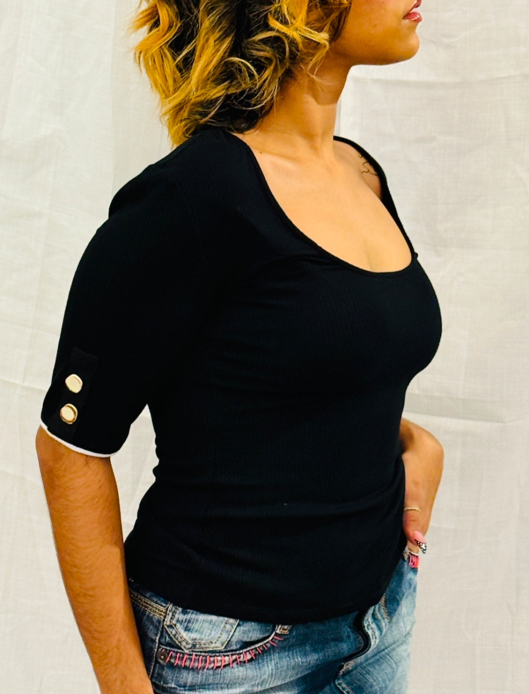 ZARA - Black Knit Elbow Sleeved Top