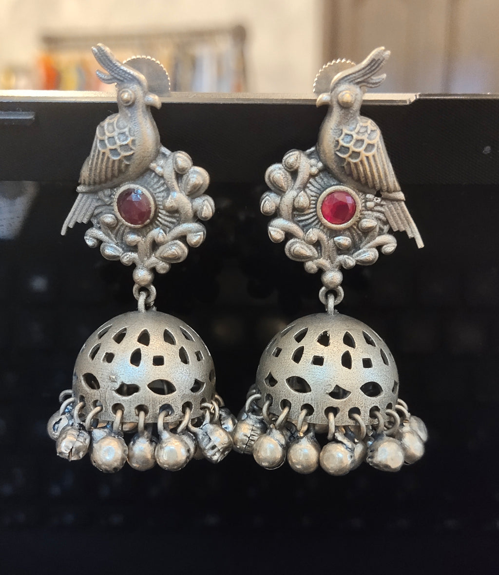 Oxidised Peacock Jhumka Earrings with Red Stones