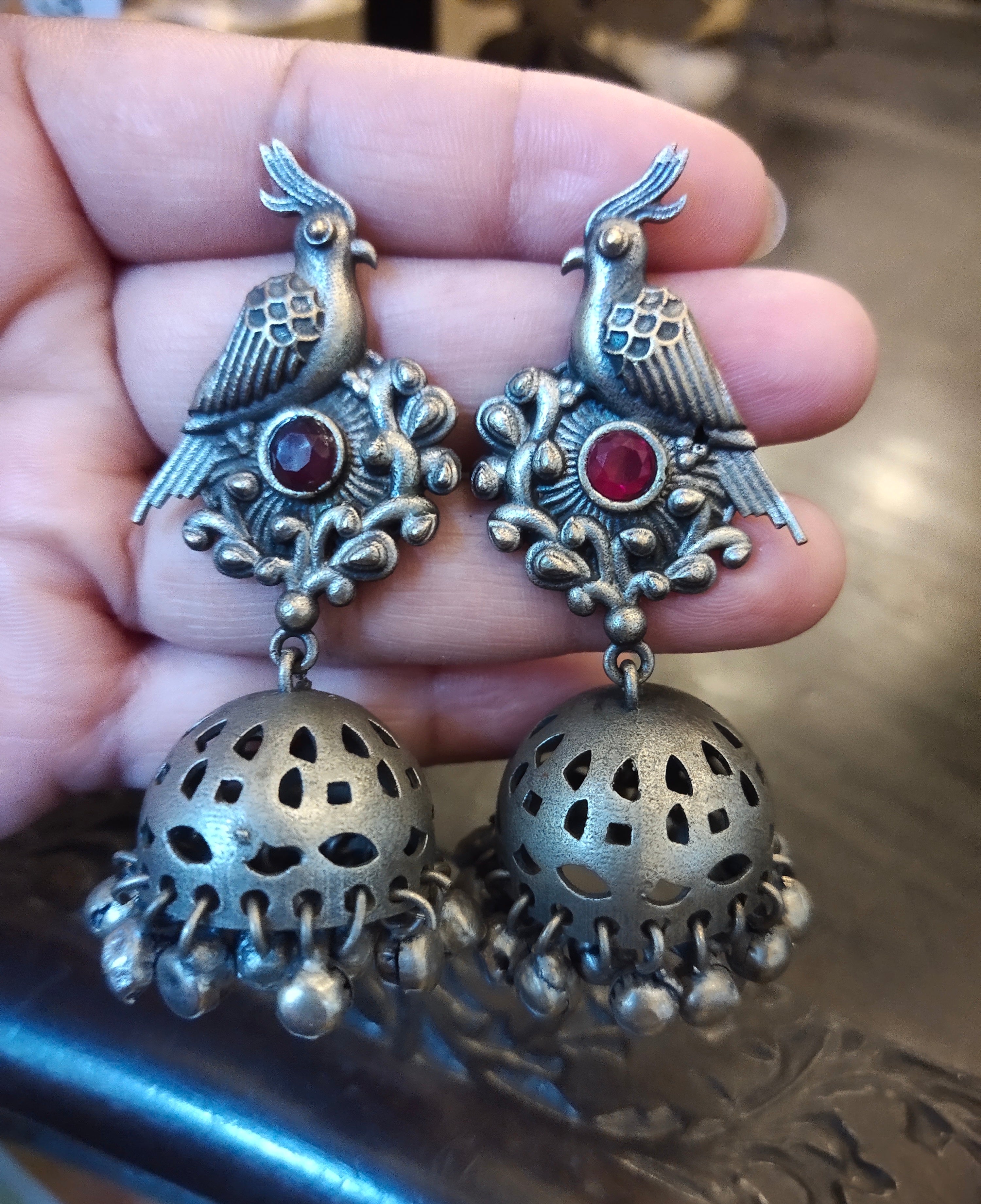 Oxidised Peacock Jhumka Earrings with Red Stones