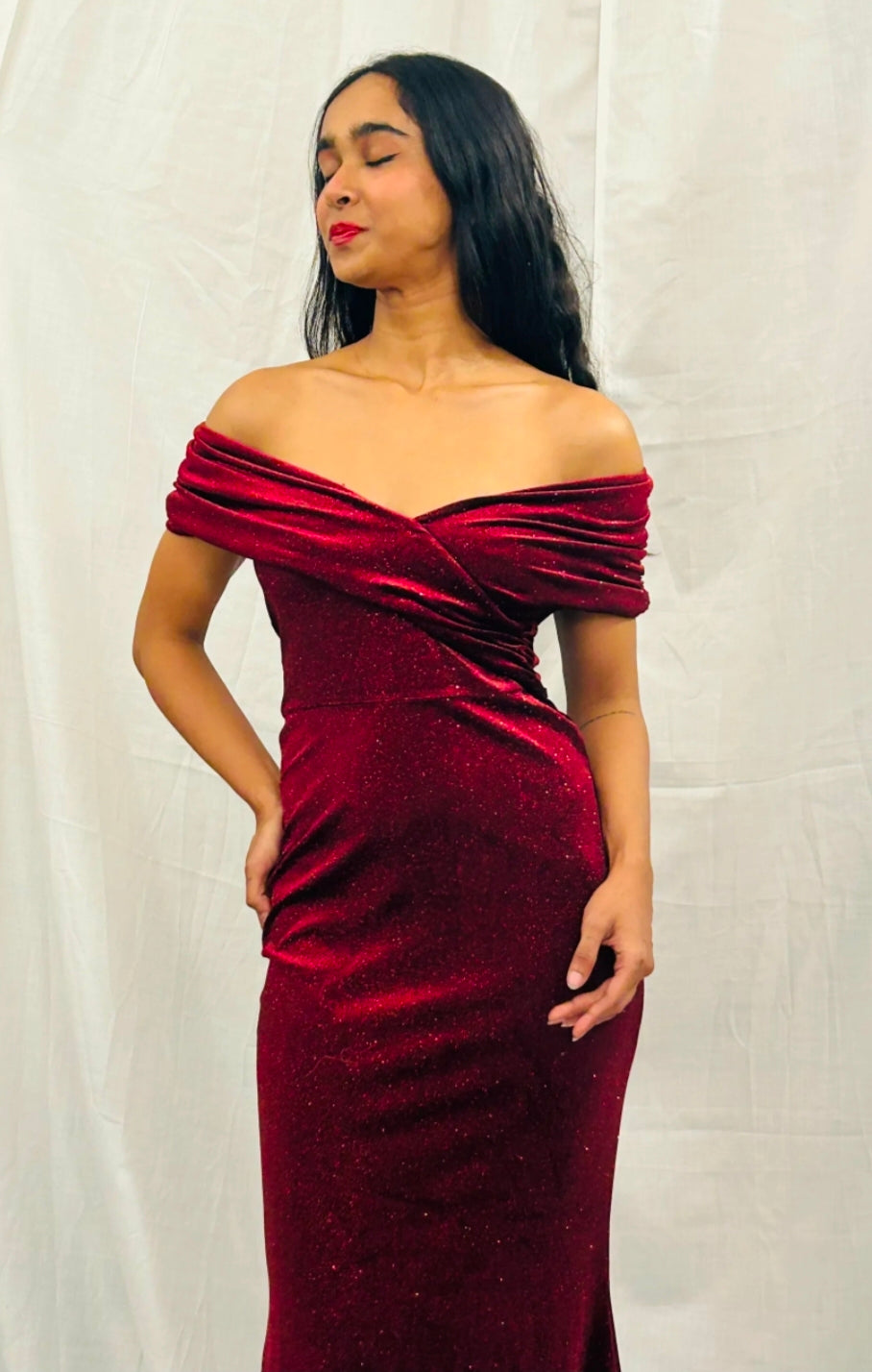 Maroon Off-Shoulder Long Dress