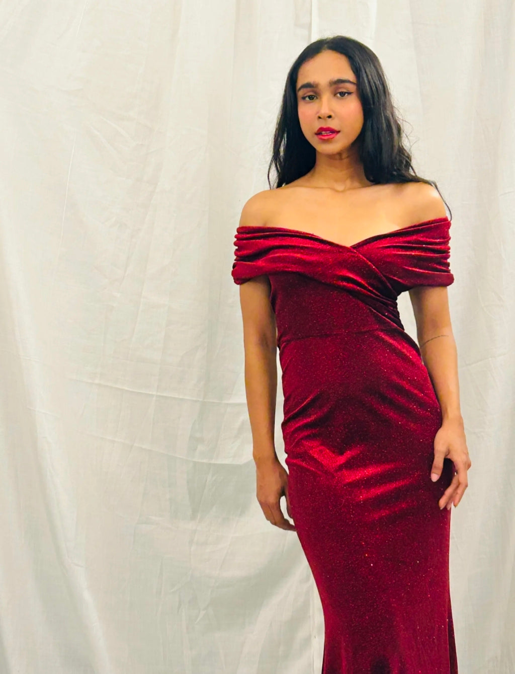 Maroon Off-Shoulder Long Dress