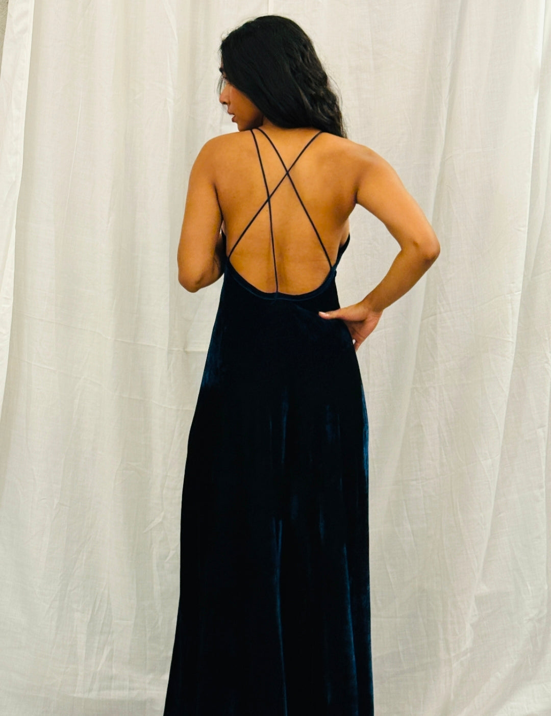 Navy Blue Velvet Long Dress