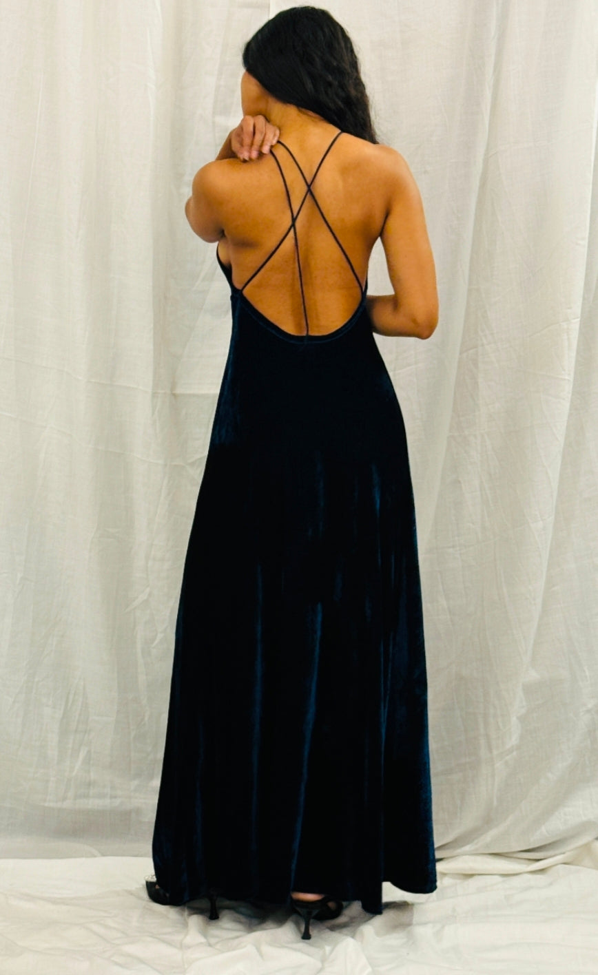 Navy Blue Velvet Long Dress