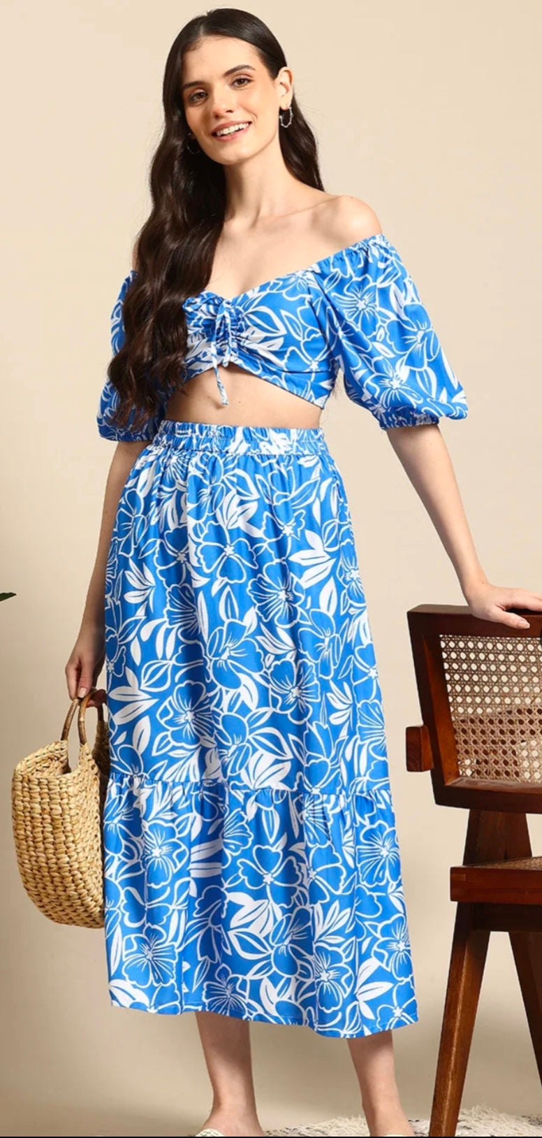 MAST & HARBOUR - Blue Floral Ruched & Smoked Co-Ord Set