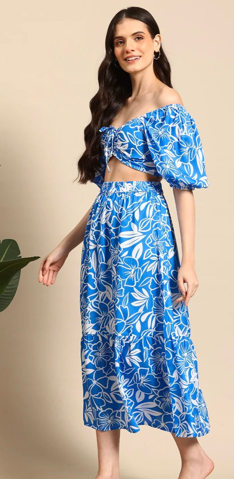 MAST & HARBOUR - Blue Floral Ruched & Smoked Co-Ord Set