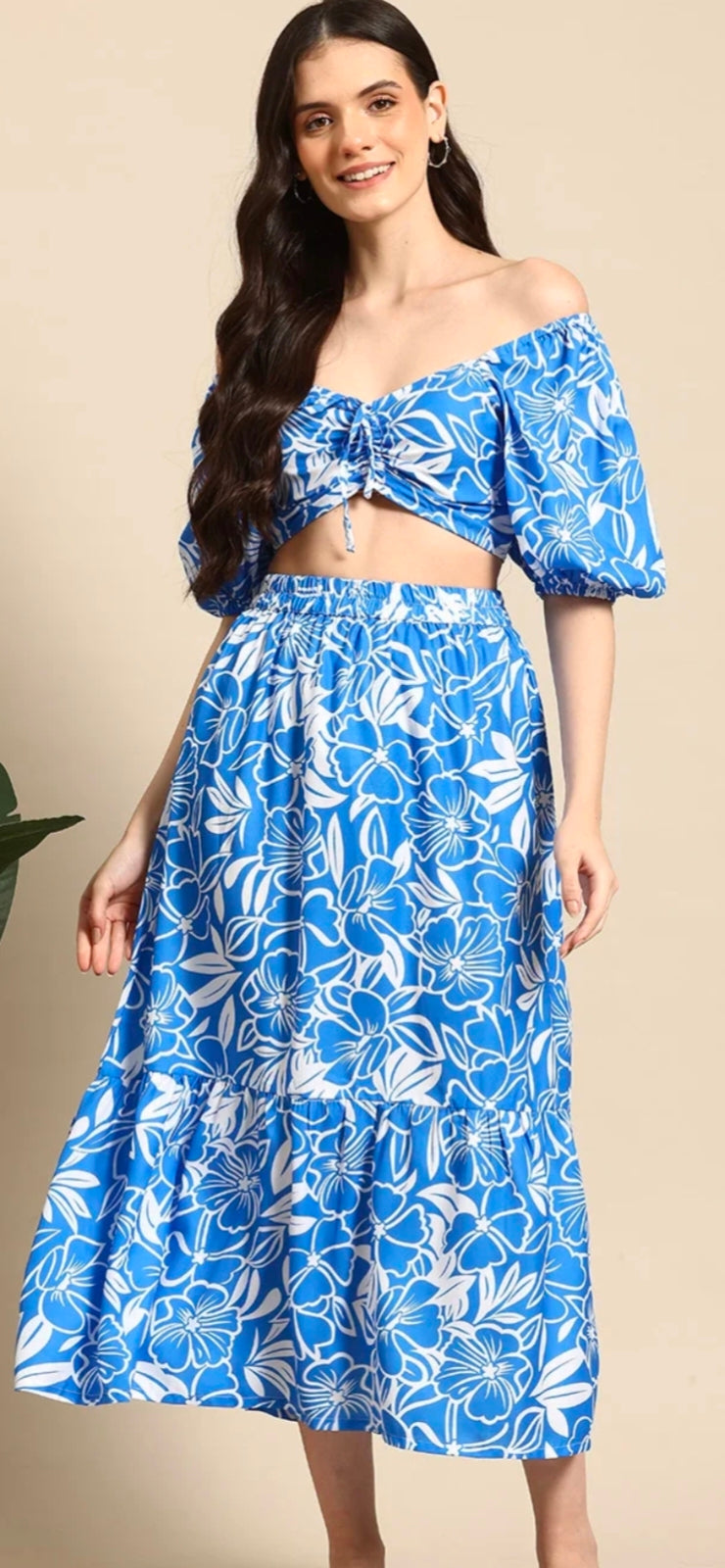 MAST & HARBOUR - Blue Floral Ruched & Smoked Co-Ord Set