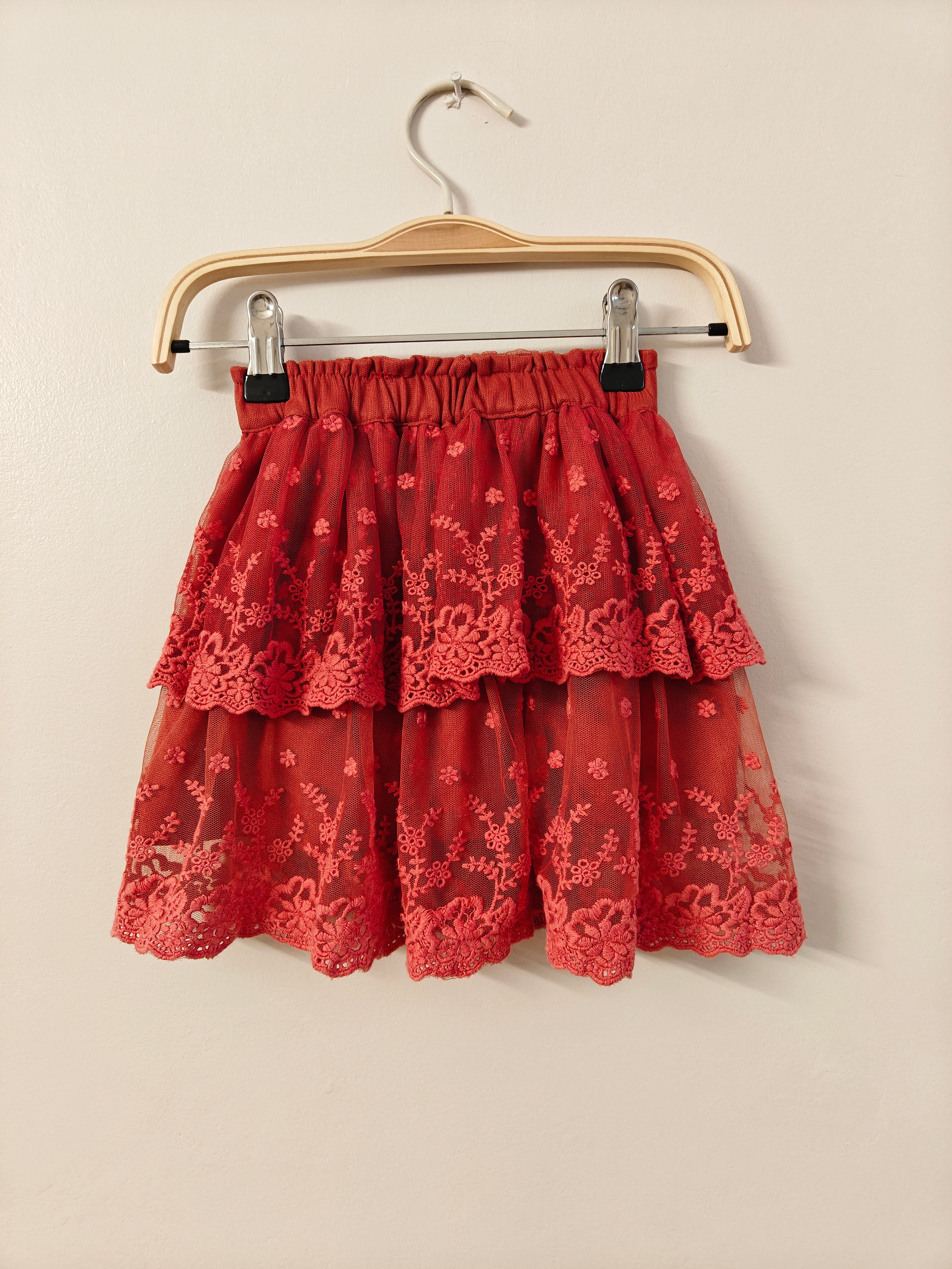Brick red Floral Lace Skirt
