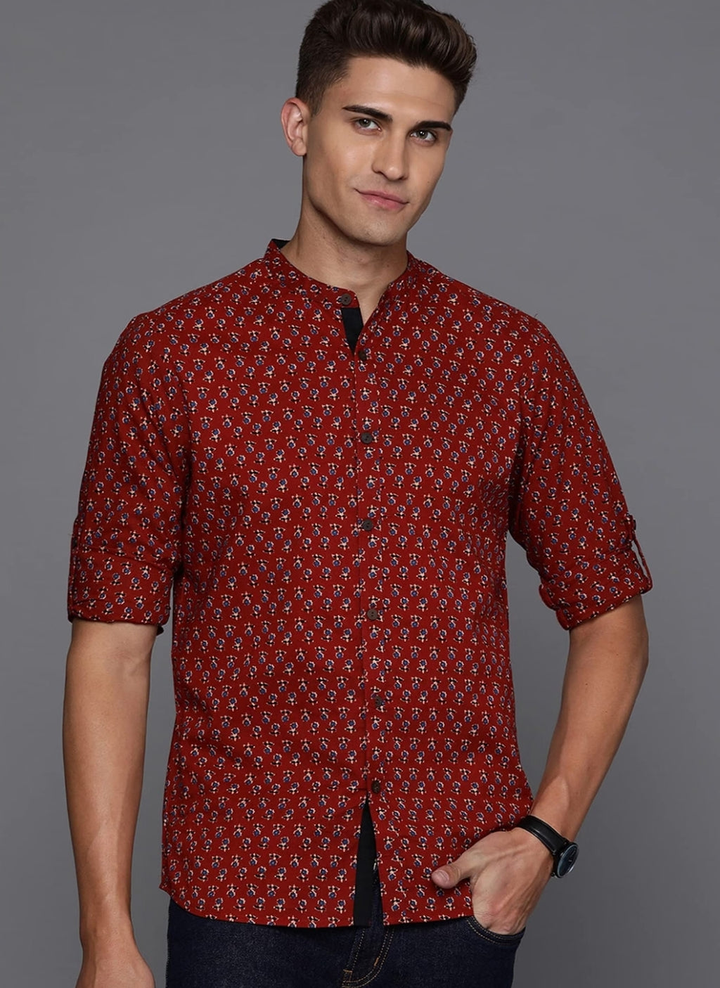 INDOERA - Maroon Floral Printed Shirt