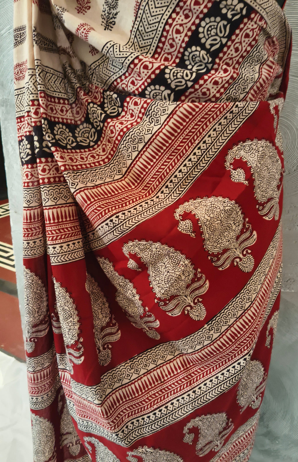 FABINDIA - Beige Block Print Sari