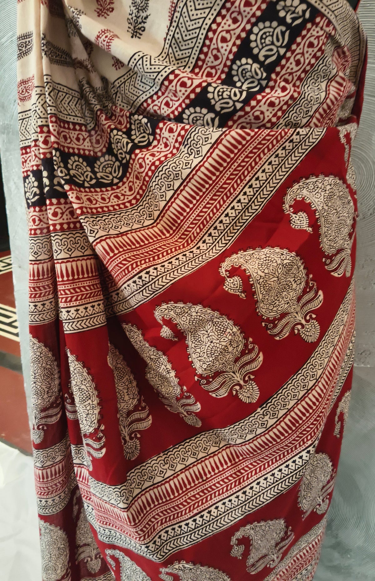 FABINDIA - Beige Block Print Sari