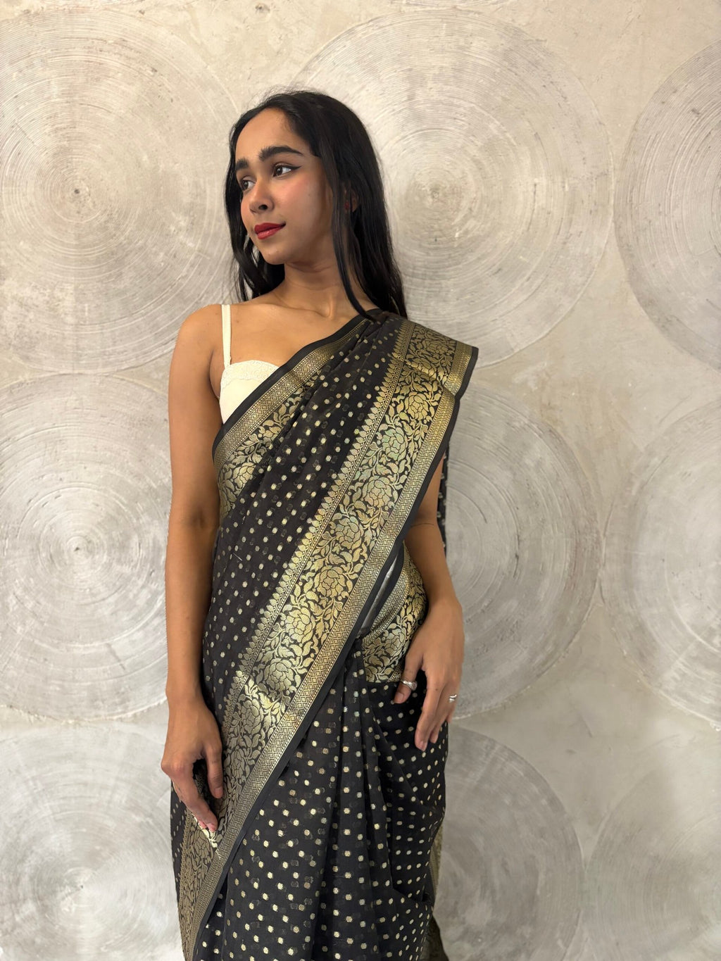 Black and Golden Hazar Buti Silk Sari