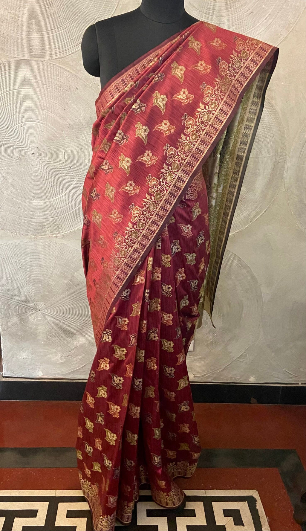 Silver Grey and Deep Rust Silk Sari with Floral Jali Weave