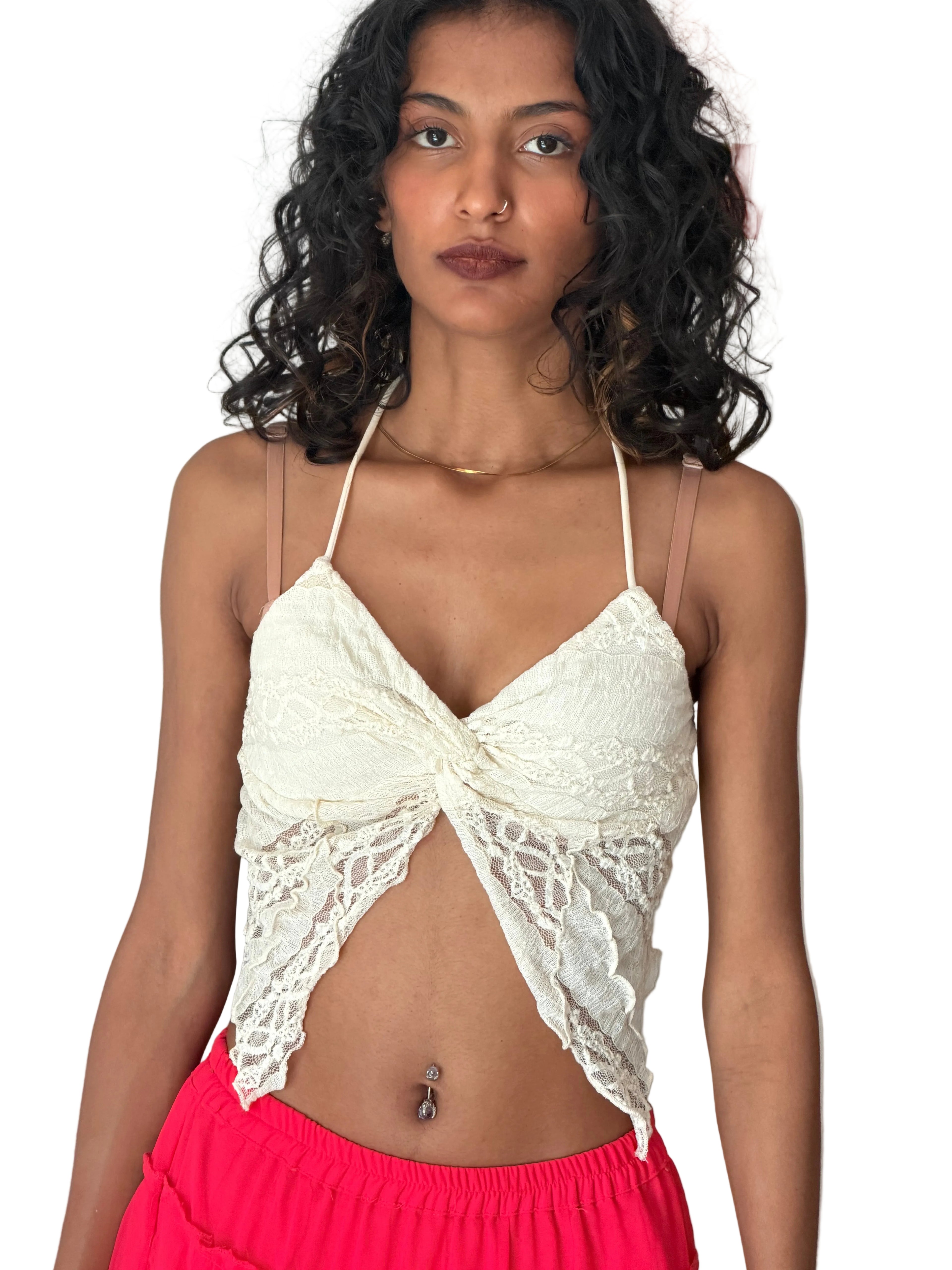 BERSHKA - White Lacy Halter Neck Top